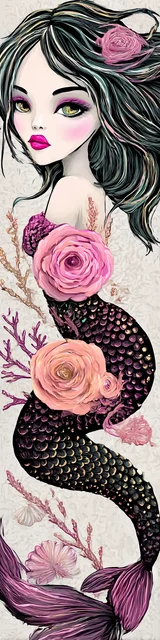 Free mermaid bookmark featuring a floral mermaid on a white background